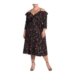 CITY CHIC Black Floral Cold Shoulder Midi Dress Size M/Size 18 Plus Size
